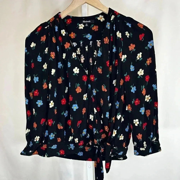 Madewell Size XS Floral Blouse Long Sleeve Tie Waist Black Multi - Picture 1 of 8